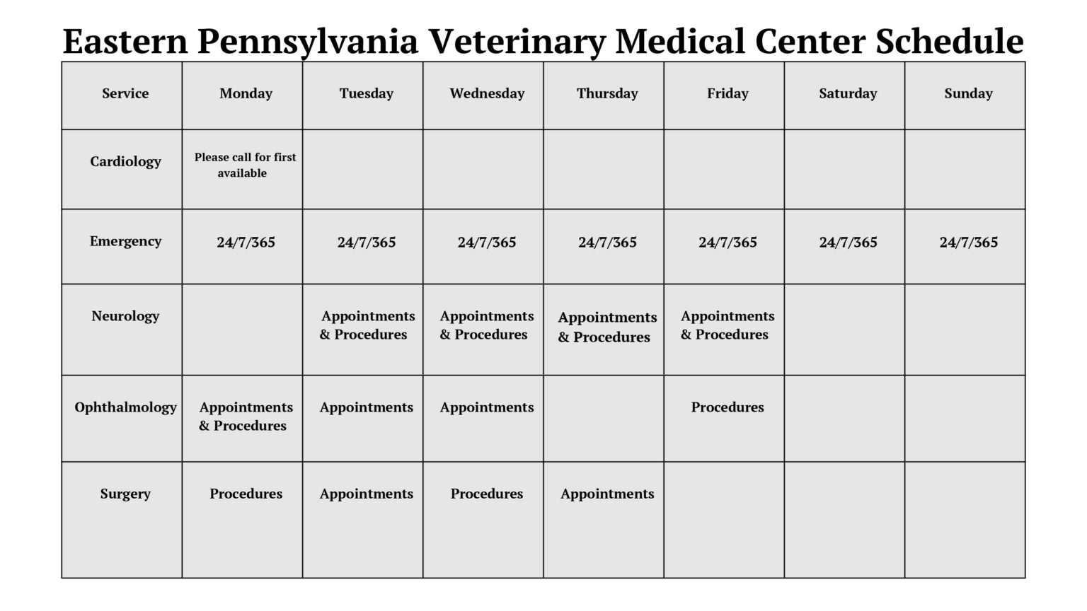 Specialty Schedule Eastern PA Veterinary Medical Center