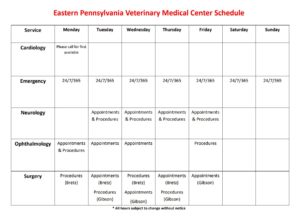 Specialty Schedule Eastern Pa Veterinary Medical Center